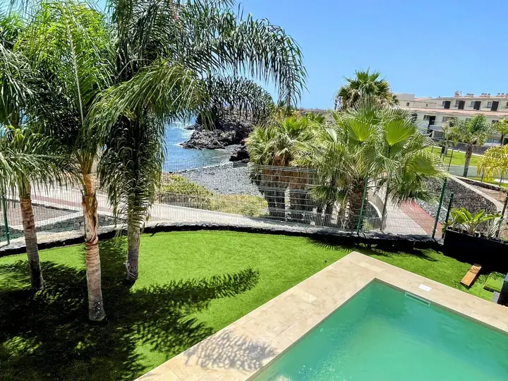 Garden with palm trees, private pool and the sea beyond the fence